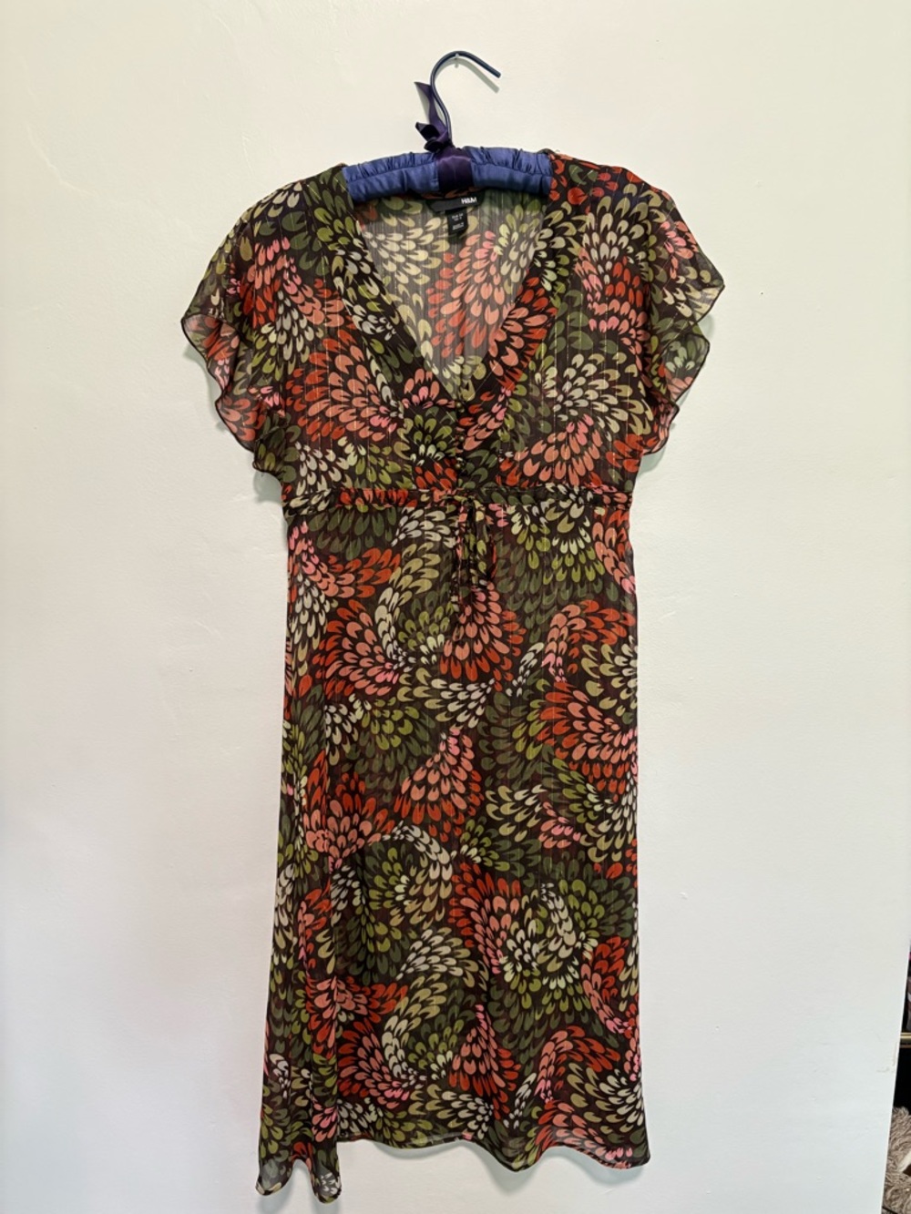 H&M Olive & Coral Floral Sheer Midi Dress with Metal Buttons and Cinch-tie Waist